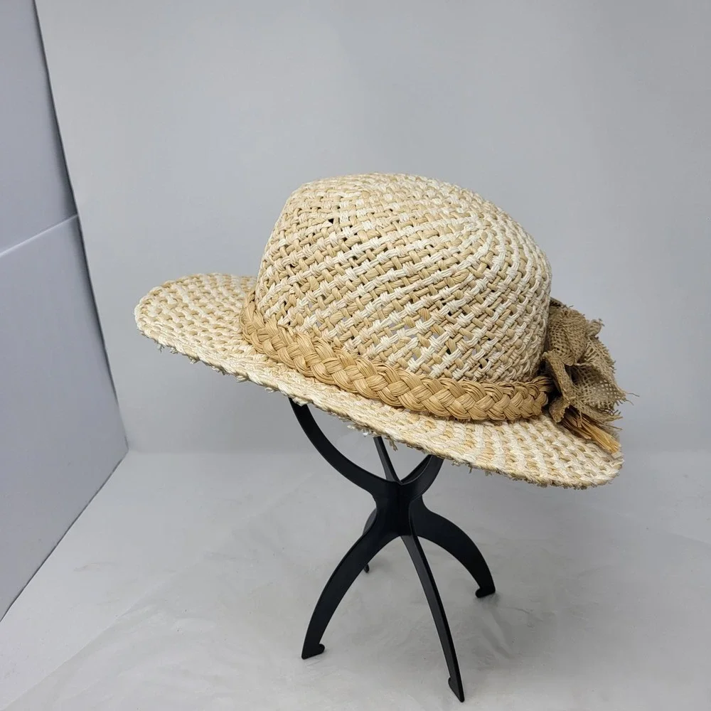 Vtg Cottage Core Straw Weaved Sun Hat Cream Beige Checked‎ Burlap Flower Braided